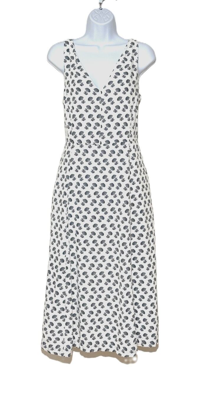 Banana Republic Linen Blend A-Line Midi Dress M White Black Floral V-Neck